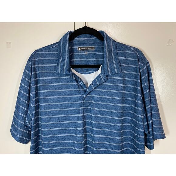 TWO Pebble Beach Blue & White Striped Short Sleeve Dry-Luxe Performance Polo XL - Picture 4 of 11